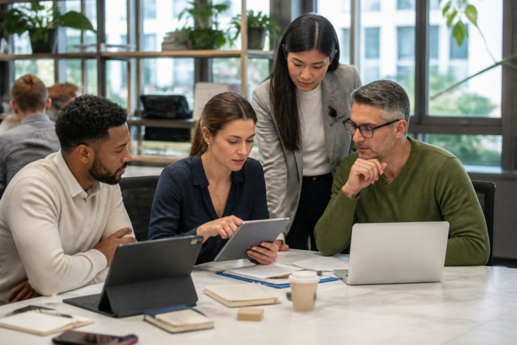 Équipe de collaborateurs travaillant ensemble dans un bureau moderne, examinant des documents de formation sur des tablettes et ordinateurs portables, l'air concentrés et engagés