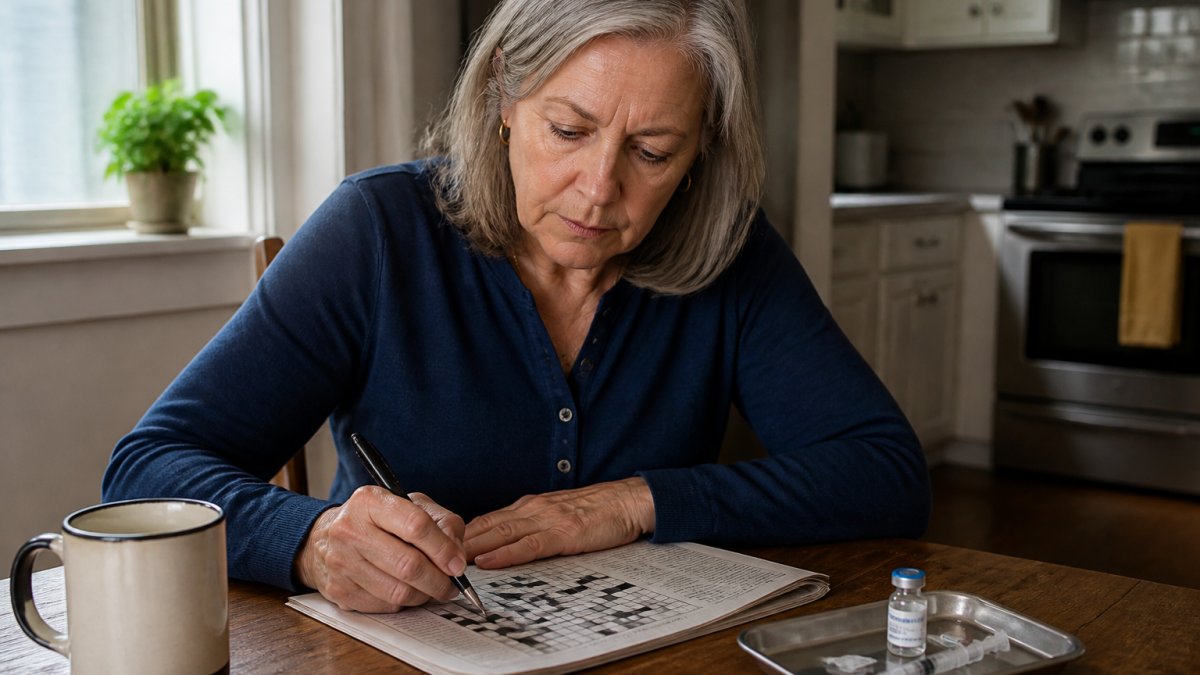 An older adult woman sitting at a kitchen table working on a crossword puzzle, looking focused and alert, with a small vial and syringe on a tray nearby