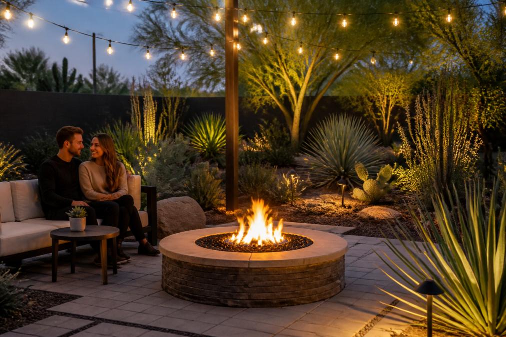 A couple sitting together on a modern paver patio beside a circular fire pit, string lights glowing overhead, and layered desert-friendly landscaping in the background at dusk