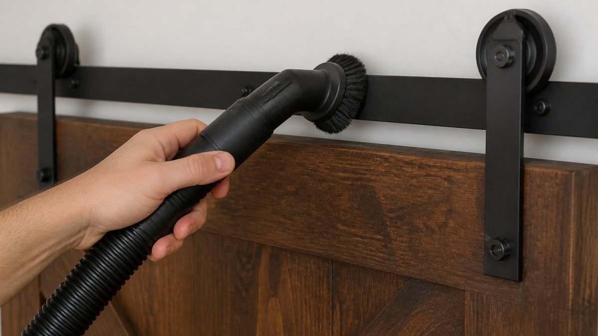 Hands using a vacuum brush to clean debris from a black barn door track during maintenance.