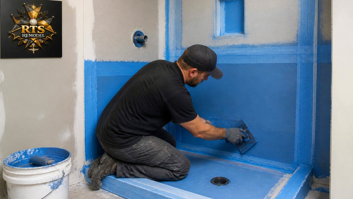 Professional contractor carefully applying waterproofing membrane to shower substrate with attention to seams and corners using professional tools in bright workshop setting