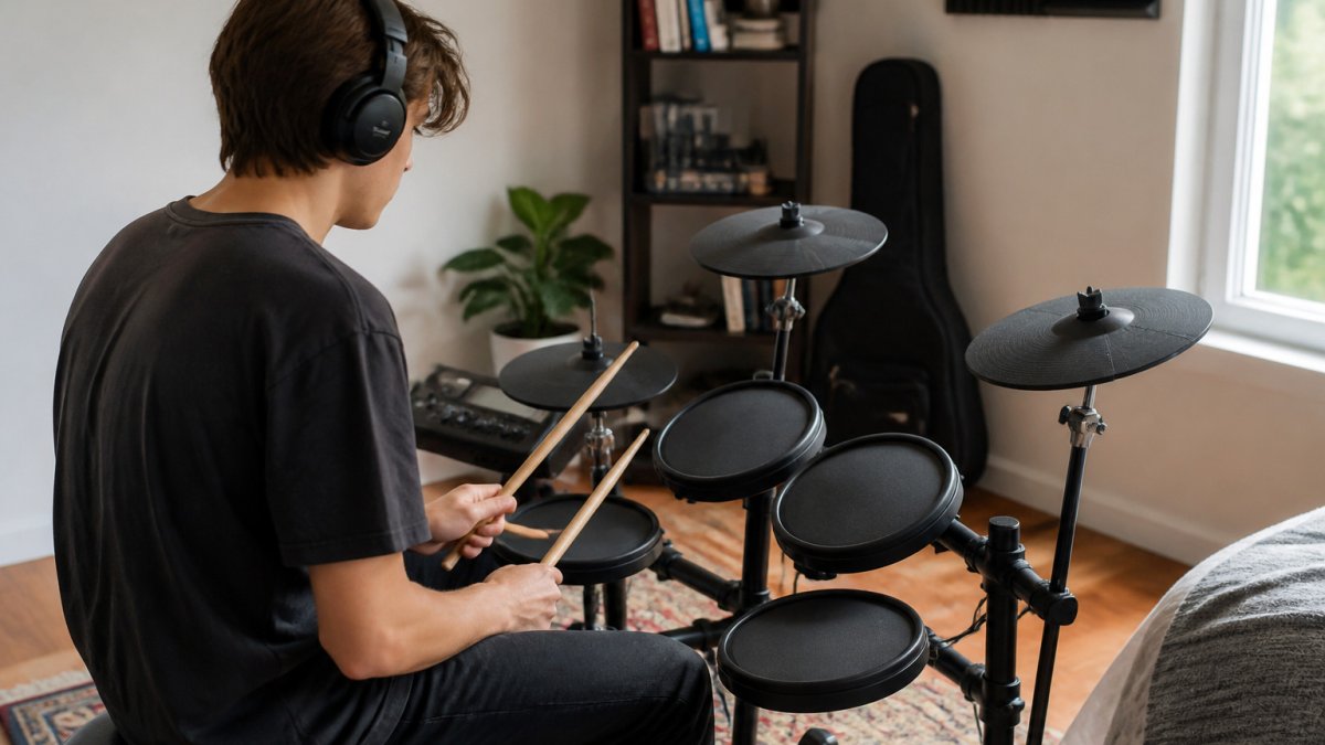 Young adult wearing headphones practicing on a compact electronic drum kit at home