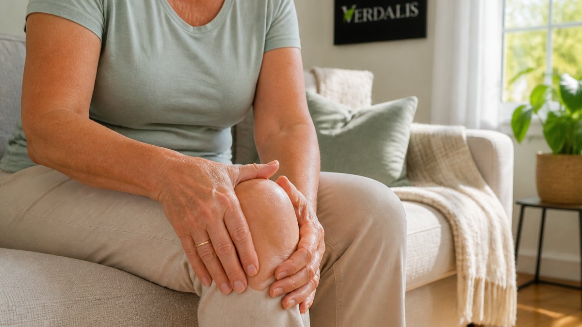 Close-up of an older adult's hands gently holding their knee while sitting on a sofa at home, warm natural light from a window, conveying joint care and daily mobility