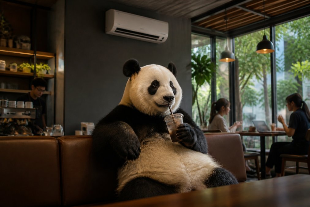 Un oso panda relajado sentado en una moderna cafetería con un sistema de aire acondicionado de pared visible, disfrutando de una bebida fresca en un ambiente confortable