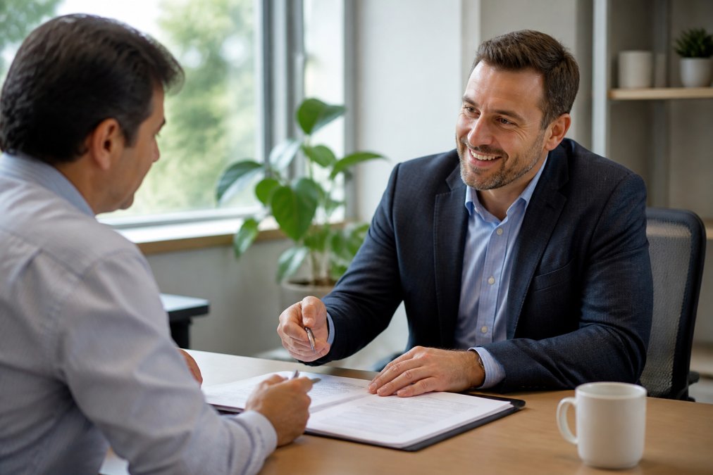 Business owner reviewing policy documents with a friendly dedicated insurance contact in a bright office