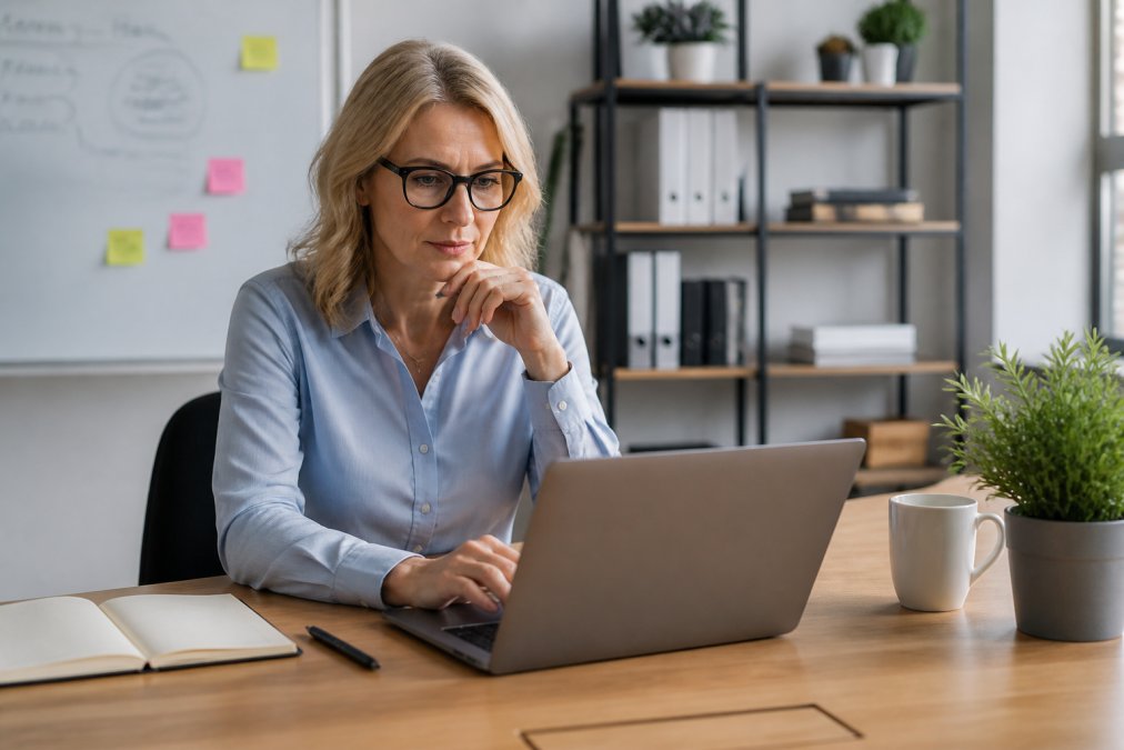 A marketing executive reviewing e-commerce analytics on a laptop in a bright modern office, whiteboard of strategy notes visible in the background