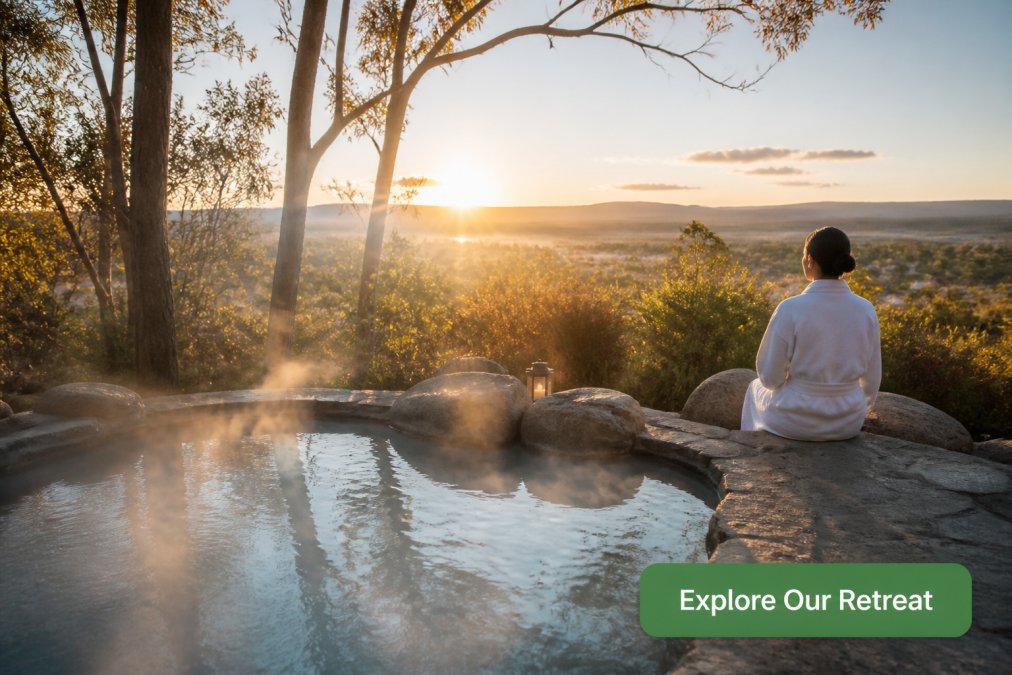 A serene outdoor thermal therapy pool surrounded by natural bushland, steam rising gently from warm water, with a lone figure in a robe seated nearby in quiet contemplation at dawn