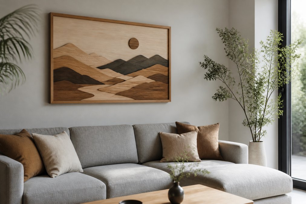 Modern living room with an AI-inspired framed wooden print hanging above a light gray sofa, showing how the artwork complements contemporary interior design with neutral tones and minimalist decor featuring warm natural lighting from a nearby window