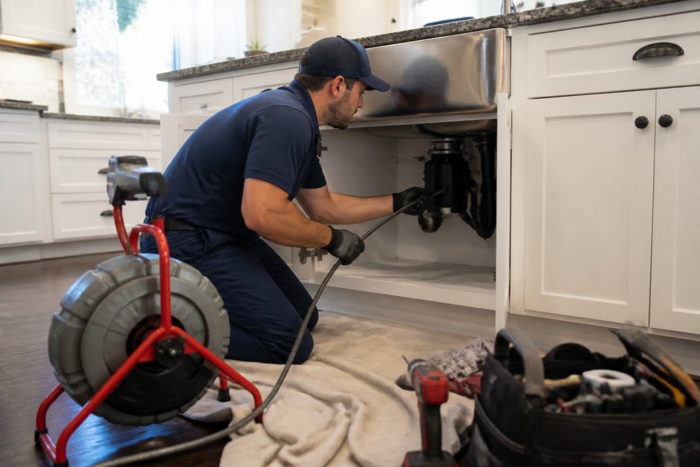 A licensed plumber in uniform kneeling beside an open kitchen sink cabinet, feeding a drain snake into the drain line with professional equipment laid out on a drop cloth, bright residential kitchen lighting