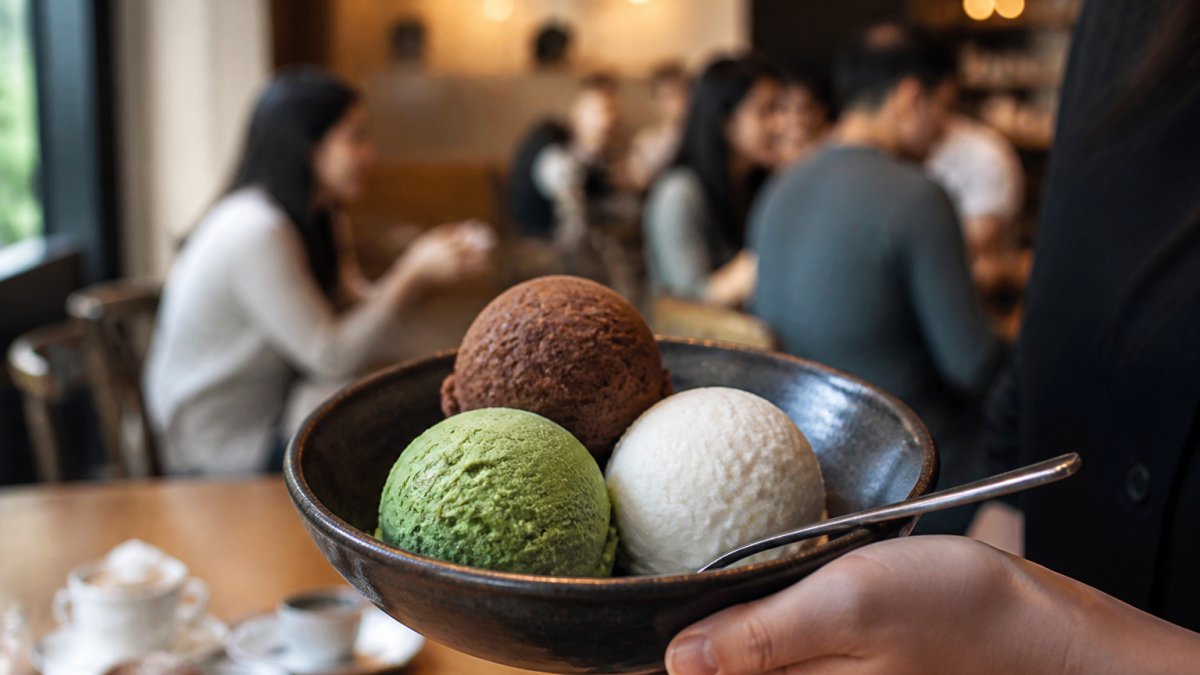Vibrant scoops of matcha, chocolate and coconut ice cream served in a modern café setting with blurred diners in the