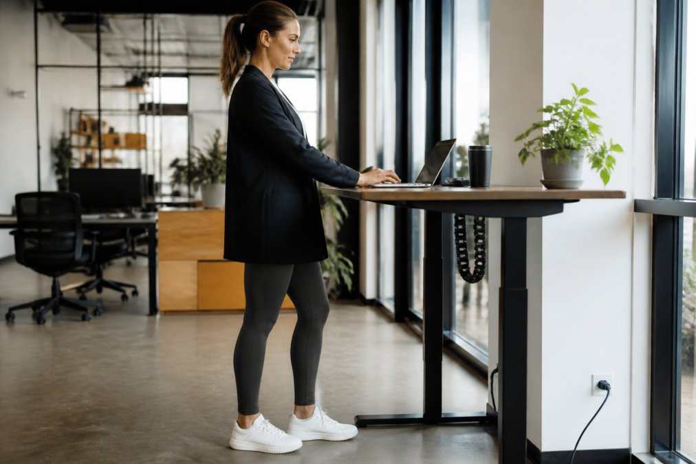 Professional woman in modern office setting wearing tailored athleisure ensemble, fitted high-waisted leggings in charcoal, oversized structured blazer, minimalist white trainers with clean lines, standing at standing desk with natural window lighting