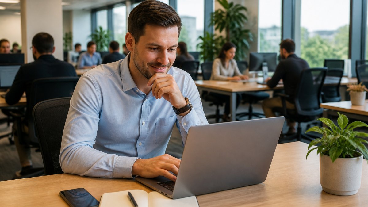 A sales representative at a tidy desk reviewing a dashboard on a laptop, phone and notebook beside them, mid-size open-plan office visible behind