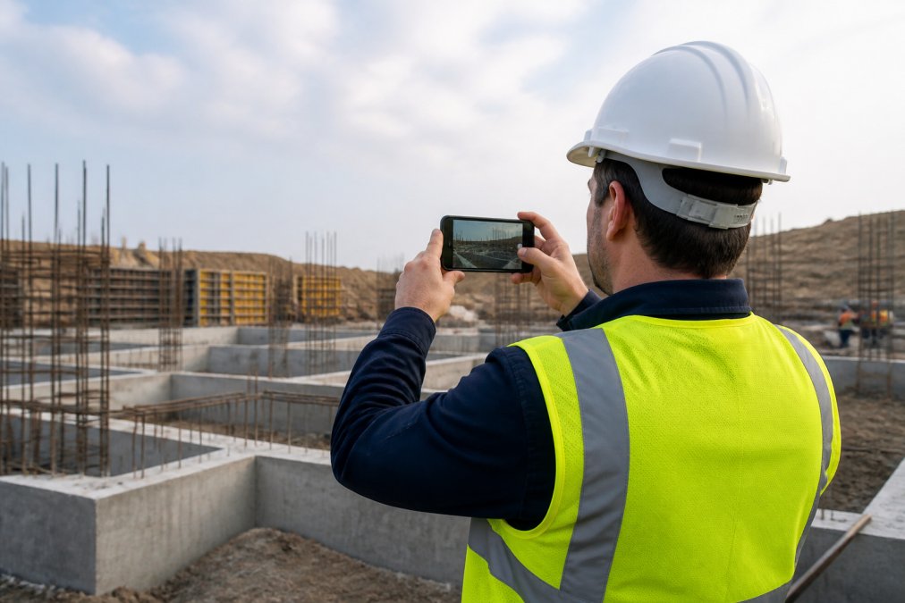 A field inspector in a hard hat and high-visibility vest holding an Android smartphone up to photograph a construction site, with concrete foundations and steel rebar visible in the background
