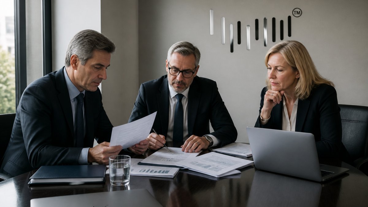 Senior investment professionals reviewing portfolio documents and risk assessments at a polished conference table with laptops and financial reports, natural office lighting