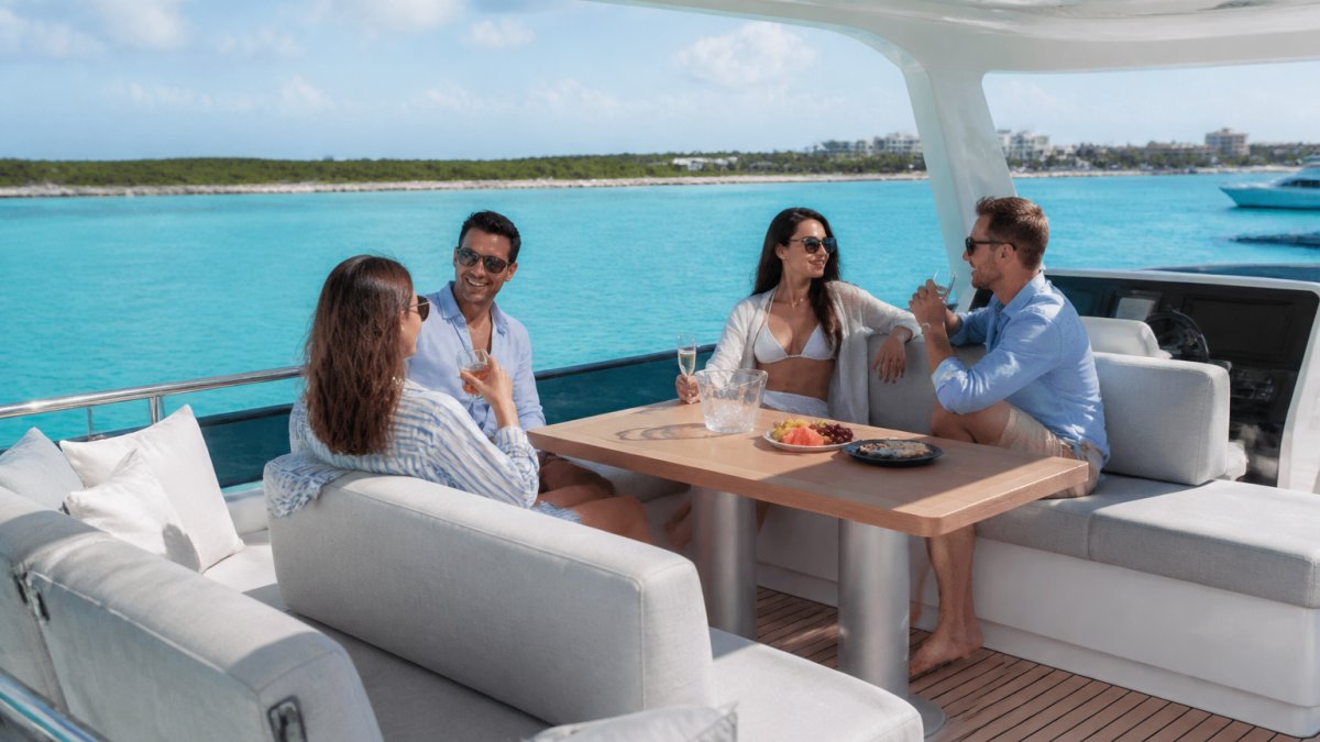 Diagram illustrating deck space layout and seating capacity on a power catamaran flybridge