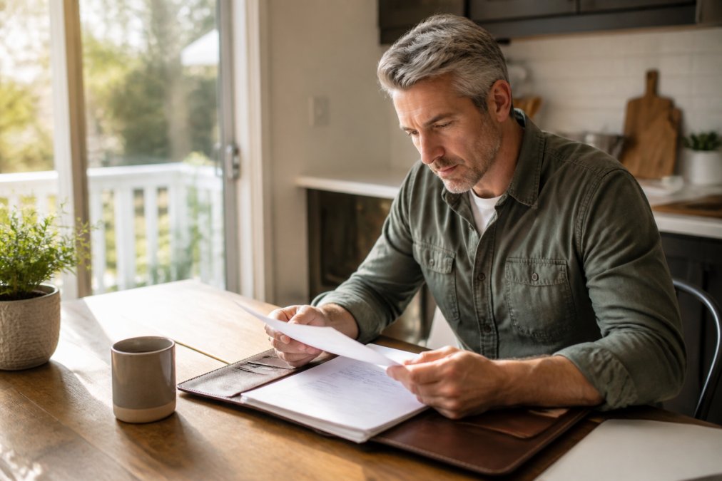 Homeowner reviewing insurance documents and billing statements at a desk with laptop, organized folder, and coffee cup in natural morning light