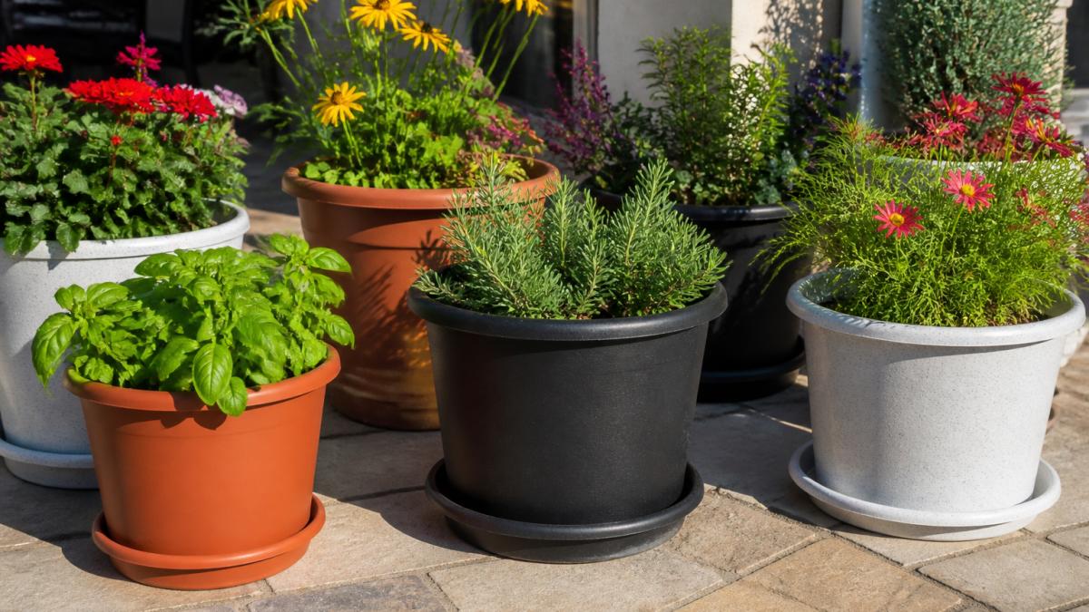 Collection of colorful American-made planters and saucers in white granite, black, and terra cotta colors arranged on a sunny patio with vibrant flowers and herbs growing in them