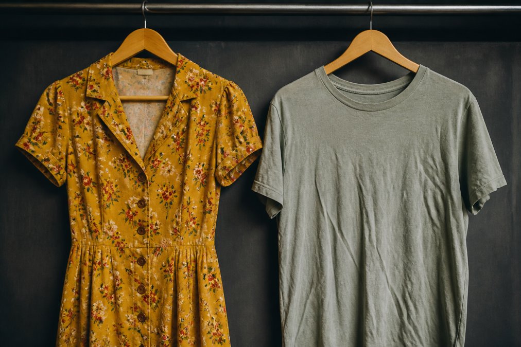 A side-by-side comparison photo showing a well-constructed, vibrant retro-style dress on a wooden hanger next to a faded, wrinkled fast-fashion t-shirt, highlighting the difference in fabric weight and stitching quality