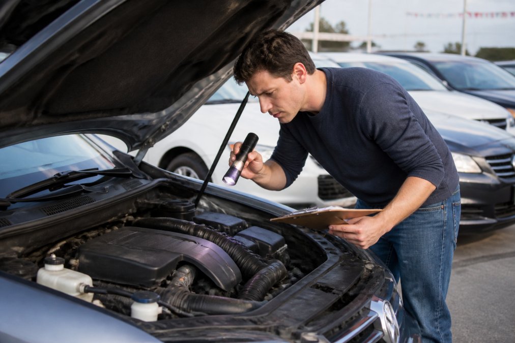 Person using a flashlight to inspect the engine of pre owned vehicles at a dealership lot with a checklist