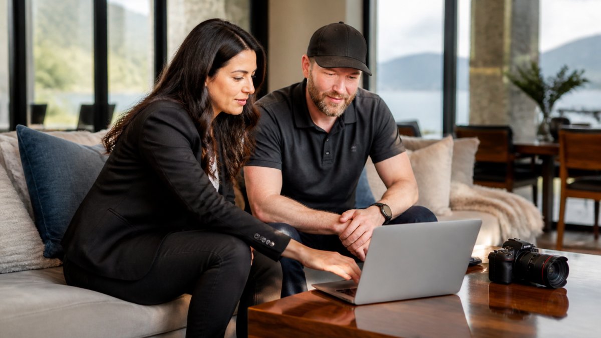 Real estate agent and videographer reviewing cinematic video of a luxury home on a laptop in a sunny room