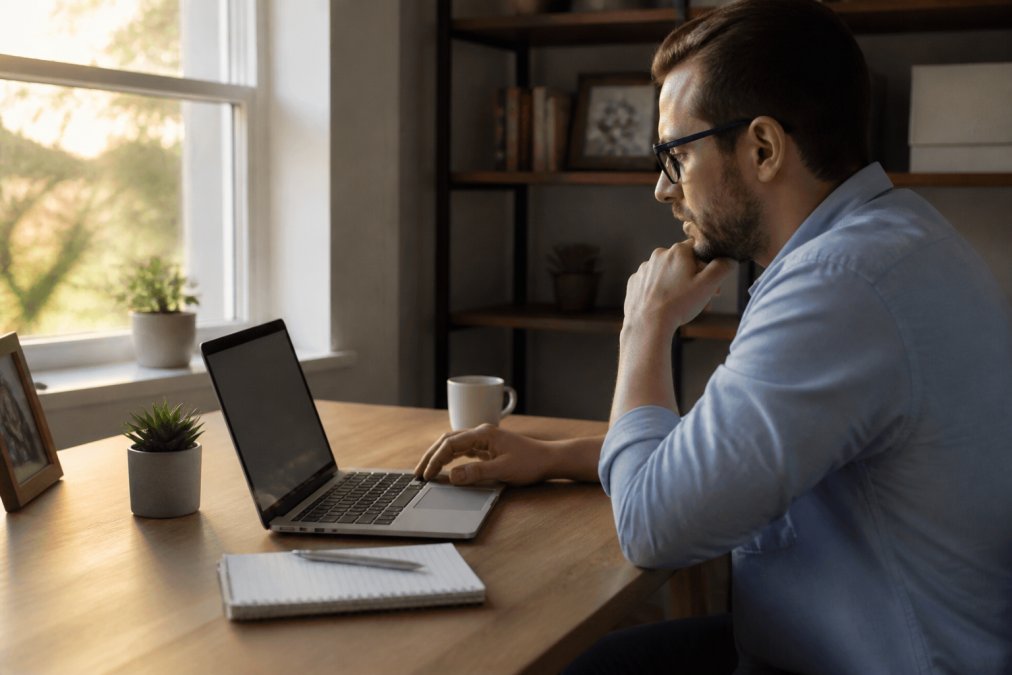 Small business owner reviewing a live financial dashboard on a laptop at a tidy wooden desk, coffee cup and paper notebook beside the keyboard, warm afternoon light through a window