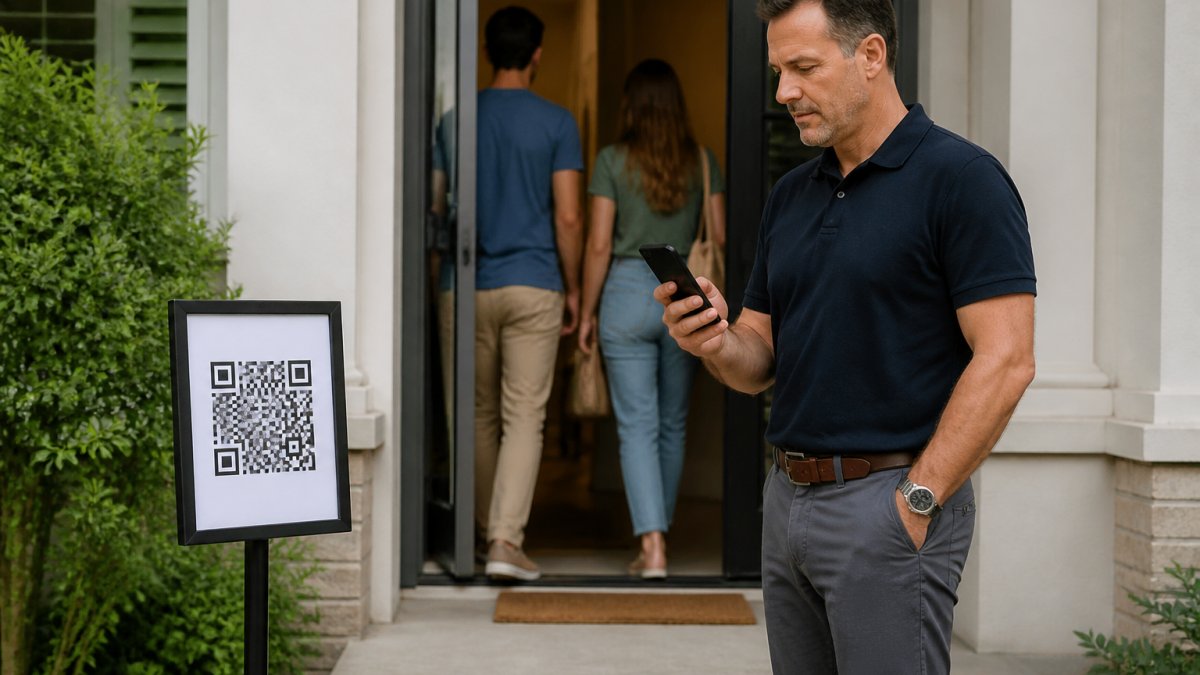 A real estate agent at an open house entry table looking at a smartphone showing an incoming lead alert, with a printed QR code sign on a pedestal beside the front door
