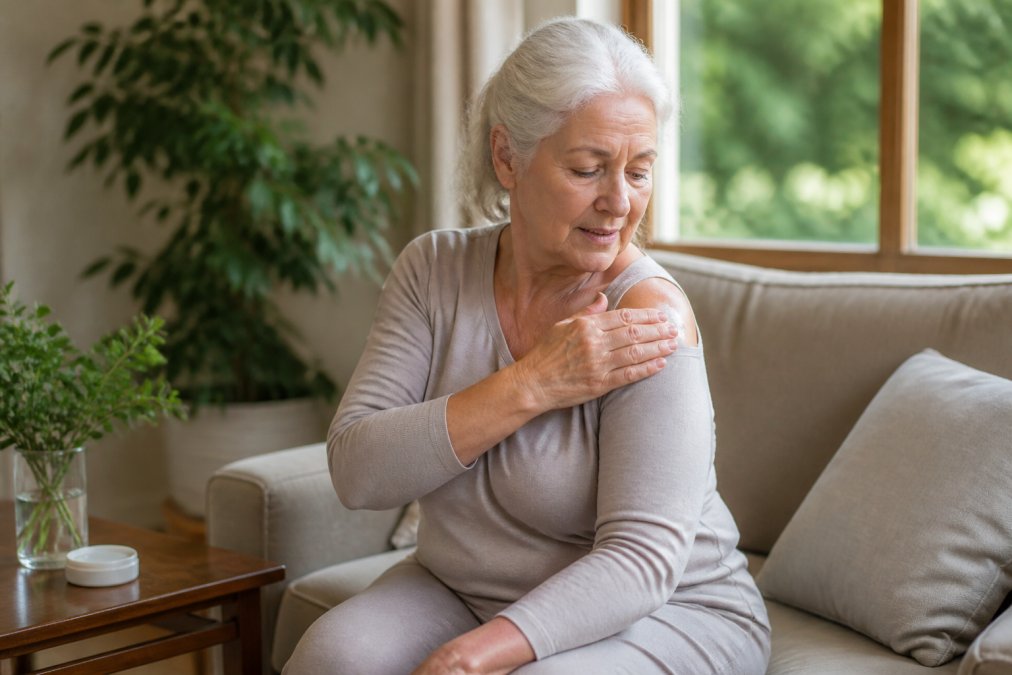 An older adult in comfortable loungewear gently massaging a pain relief lotion into their shoulder joint, seated in a sunlit living room with warm natural lighting