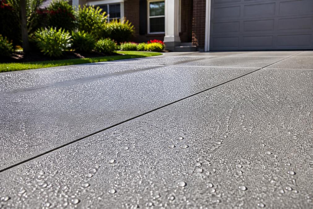 Water beading on a freshly finished concrete sealing project on a sunny suburban driveway.