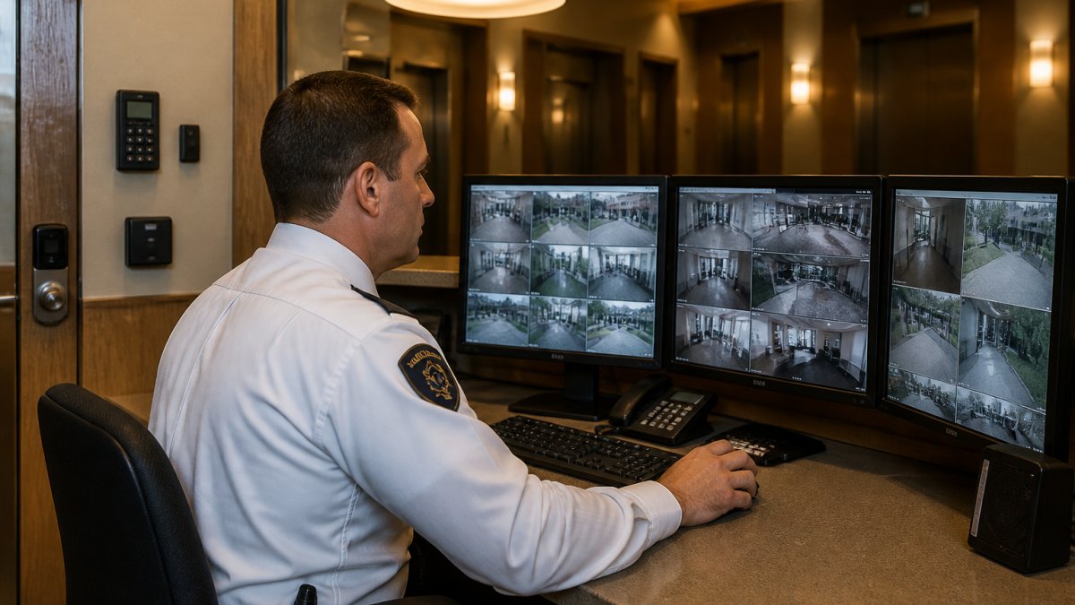 A uniformed security officer reviewing live camera feeds on a monitoring desk inside a commercial building lobby, access control panels visible in the background, warm overhead lighting