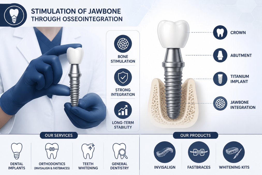 Dental professional holding a titanium dental implant model showing the threaded post structure under bright clinical lighting, demonstrating the implant design for jawbone integration