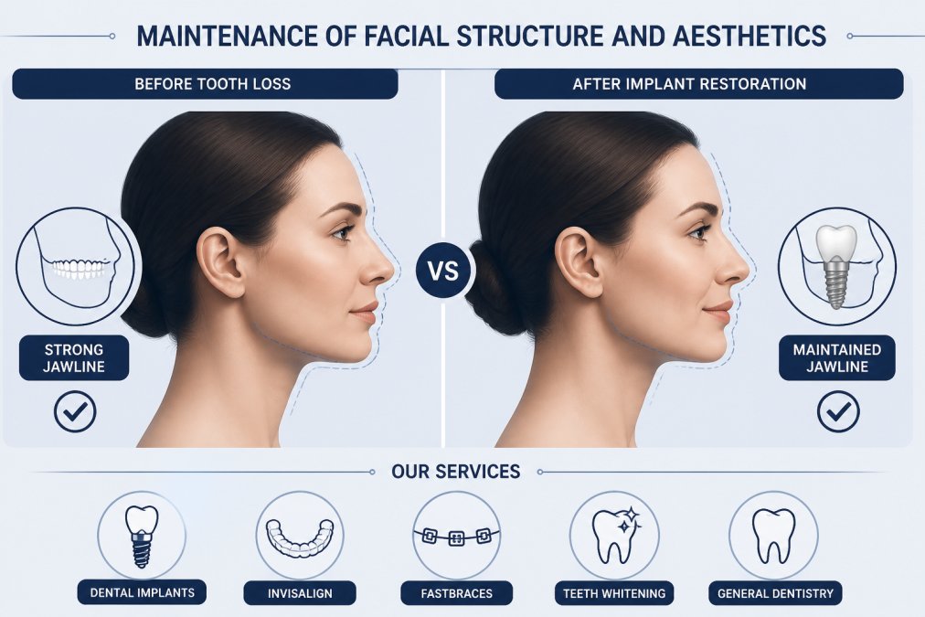 Side-by-side profile view of a patient's face showing facial contours before tooth loss and after implant restoration, with natural clinic lighting highlighting the maintained jawline and facial structure
