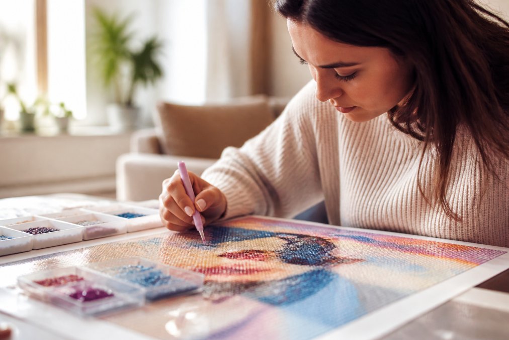 Close-up of hands placing diamond drills on canvas with focused expression, warm natural lighting illuminating the repetitive motion and tactile engagement
