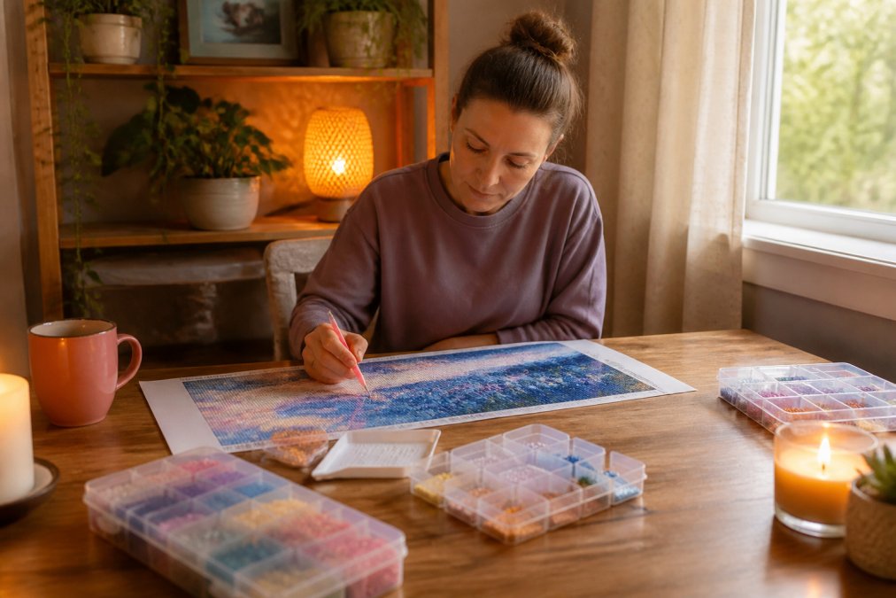 Person in calm home workspace surrounded by organized diamond painting supplies, relaxed posture, warm ambient lighting creating a meditative atmosphere