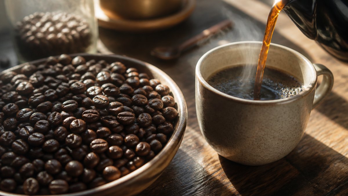 Close-up of freshly roasted coffee beans with visible oils and rich caramel-brown color, steam rising from a ceramic cup being poured in morning light