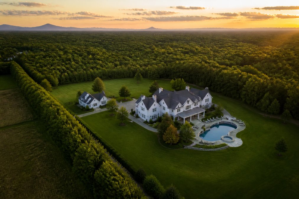 Aerial view of a sprawling luxury estate at golden hour, featuring a large main house, a separate guest house, and a curved pool, with manicured lawns giving way to dense tree lines that clearly mark the property boundary