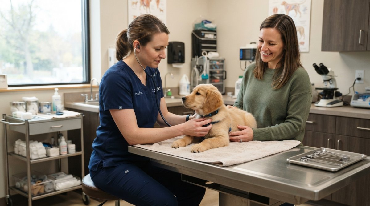 Young puppy at a veterinary clinic during a pre-operative consultation, with a veterinarian examining the puppy while the owner watches attentively