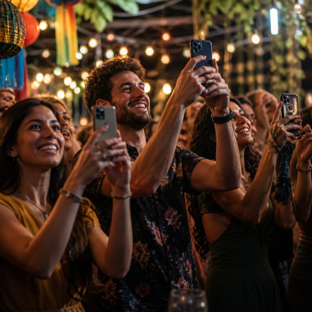 Group of event guests smiling and holding up smartphones to capture photos and videos during a celebration, with colorful decorations and string lights visible in the background