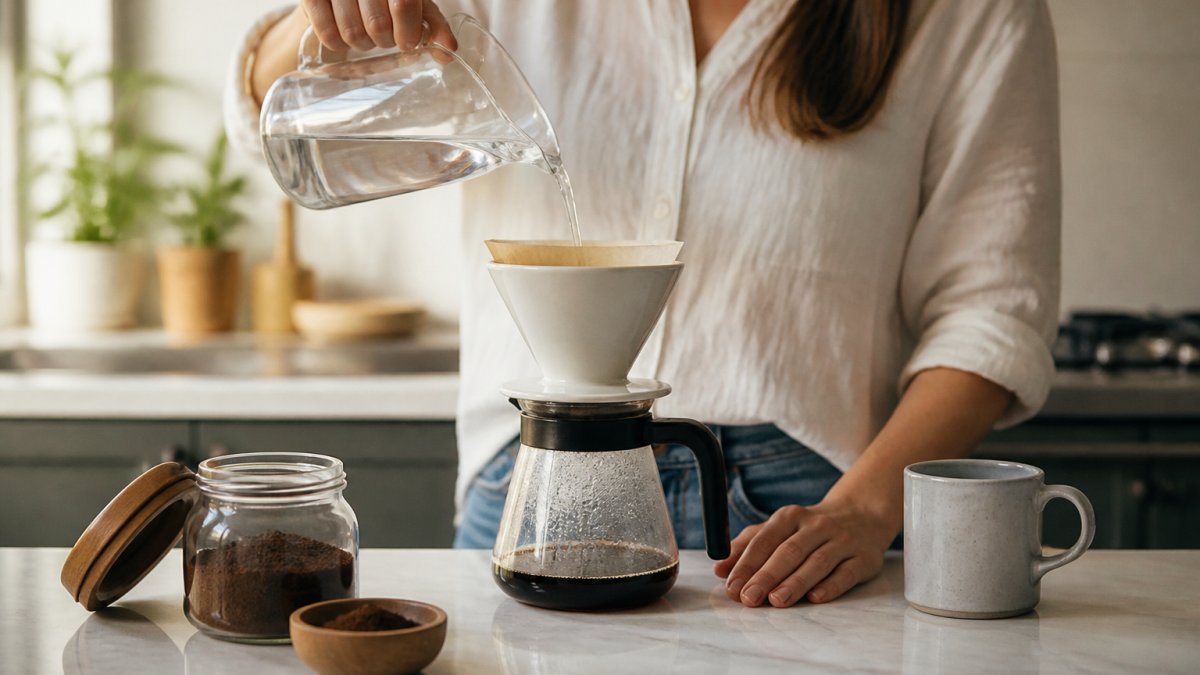 Person pouring filtered water into a pour-over coffee dripper on a kitchen counter in morning light
