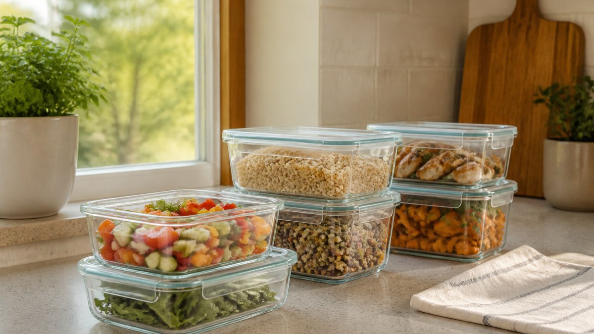 A tidy kitchen bench with a row of clear glass food storage containers filled with chopped vegetables, cooked grains and leftovers, natural light from a nearby window