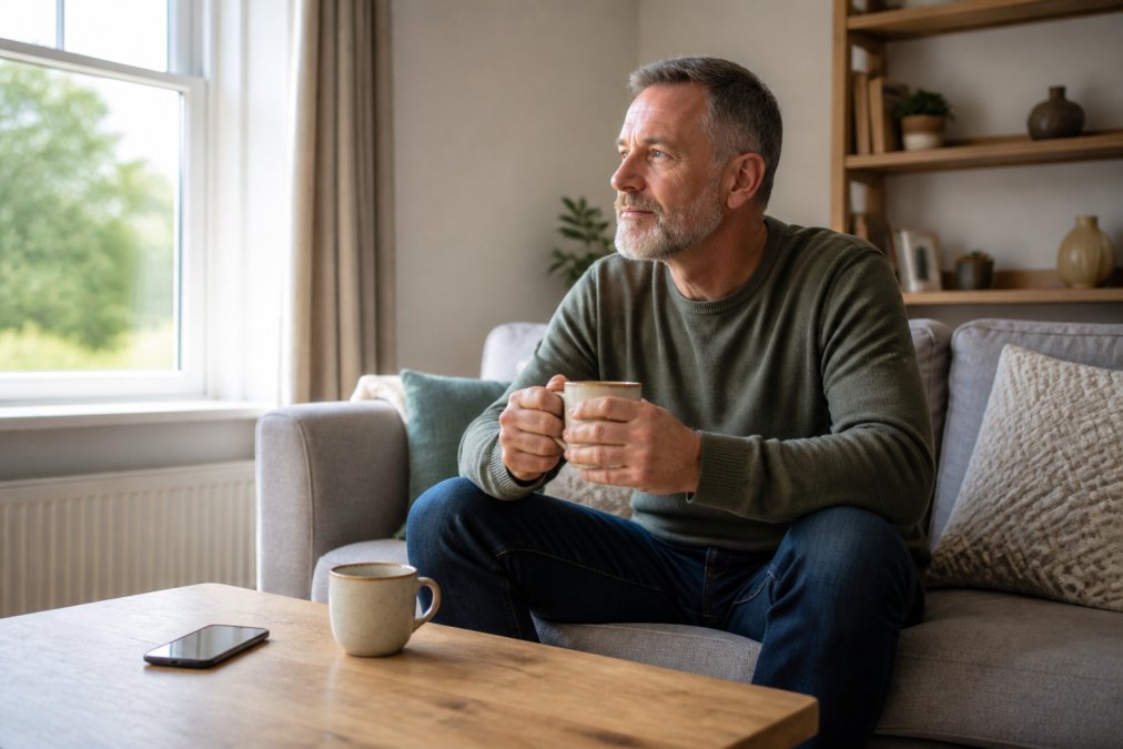 A relaxed landlord in his 50s sitting in a bright, well-kept living room with a cup of tea, a smartphone face-down on the table beside him, soft natural light from a window