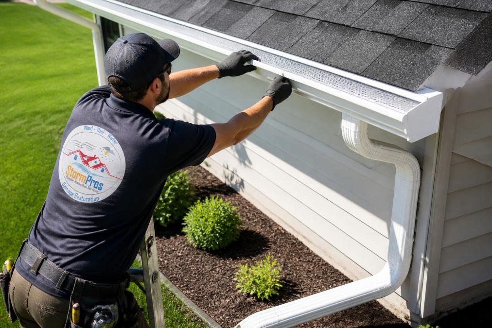 Professional installing gutter guard system with downspout directing water away from home foundation in bright daylight