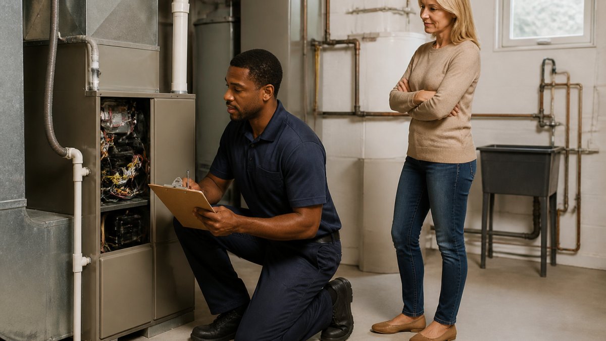 A technician in a navy uniform inspecting an HVAC unit with a clipboard while a homeowner stands nearby in a bright utility room