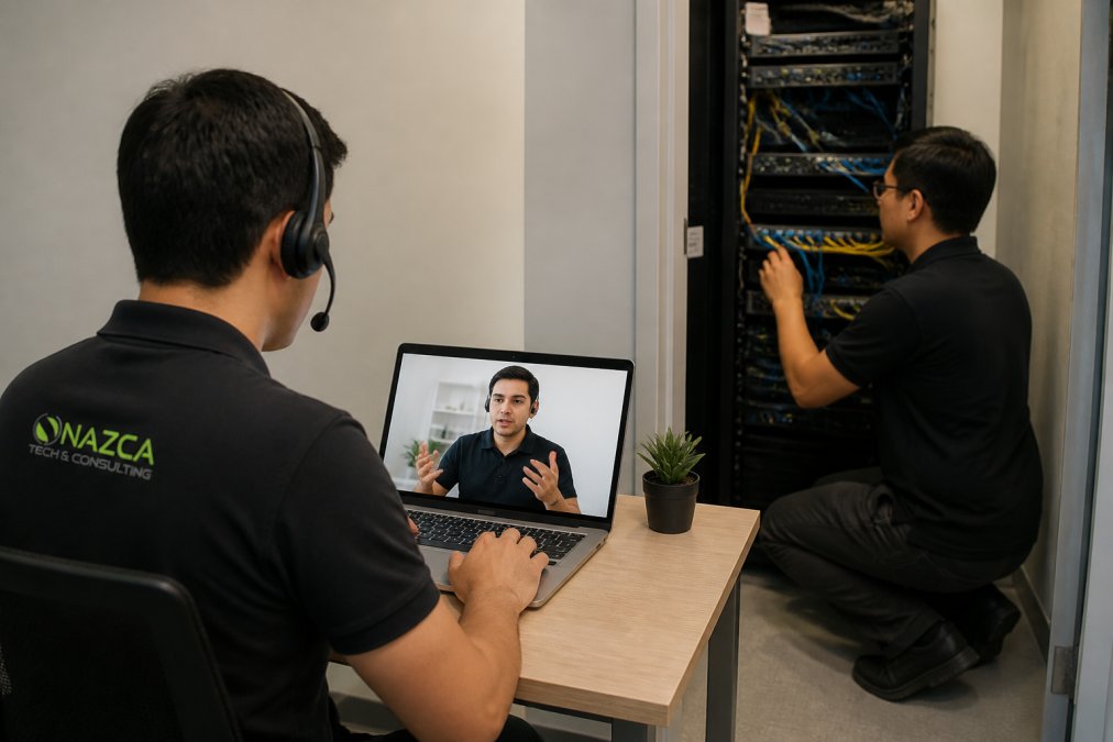 An IT technician working on a server rack inside a small office closet while a colleague joins the same troubleshooting session on a laptop via video call in the foreground