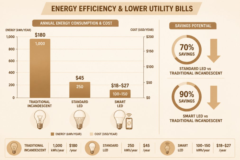 Bar chart comparing annual costs of incandescent, standard LED, and smart home lighting to show energy savings.