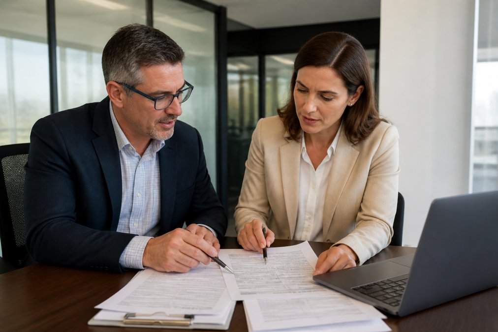 CPA and tax attorney collaborating on documents to visualize integrated tax legal process flow