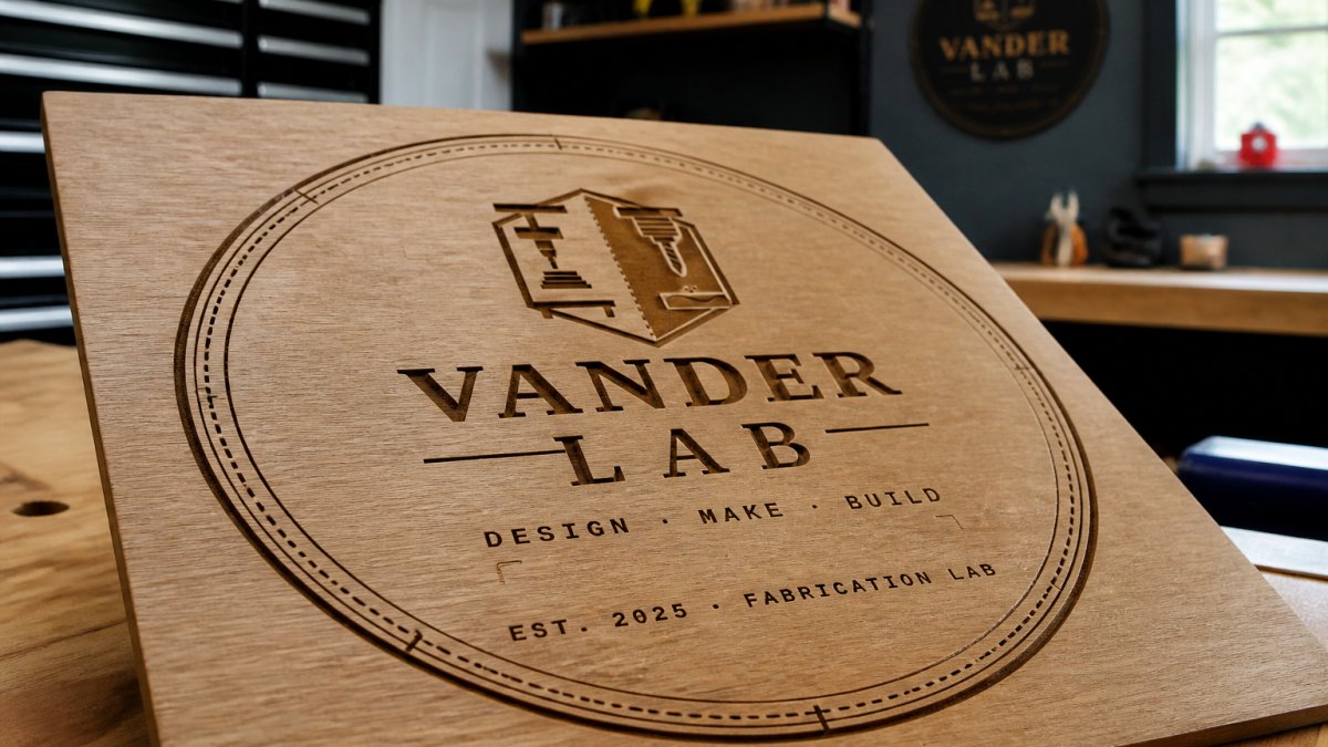 Close-up of freshly laser-engraved wooden sign showing crisp logo detail and sharp lettering with the engraved surface catching light to highlight the precision cut