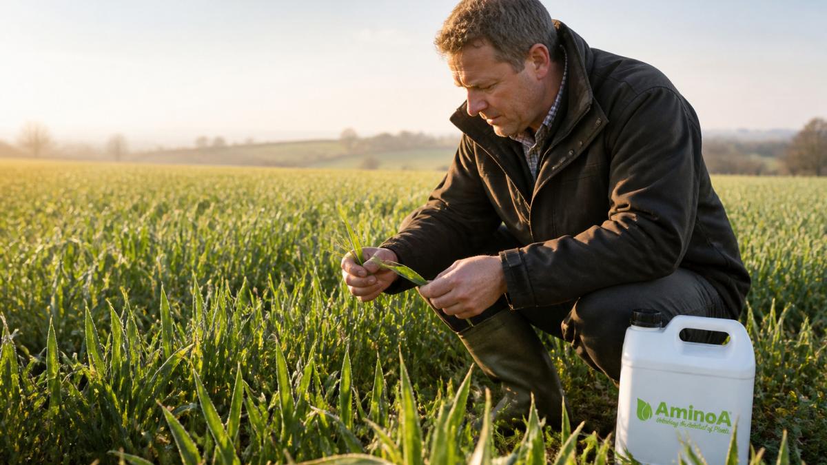 UK farmer inspecting winter wheat leaves during a dry spell to assess the benefits of liquid biostimulants