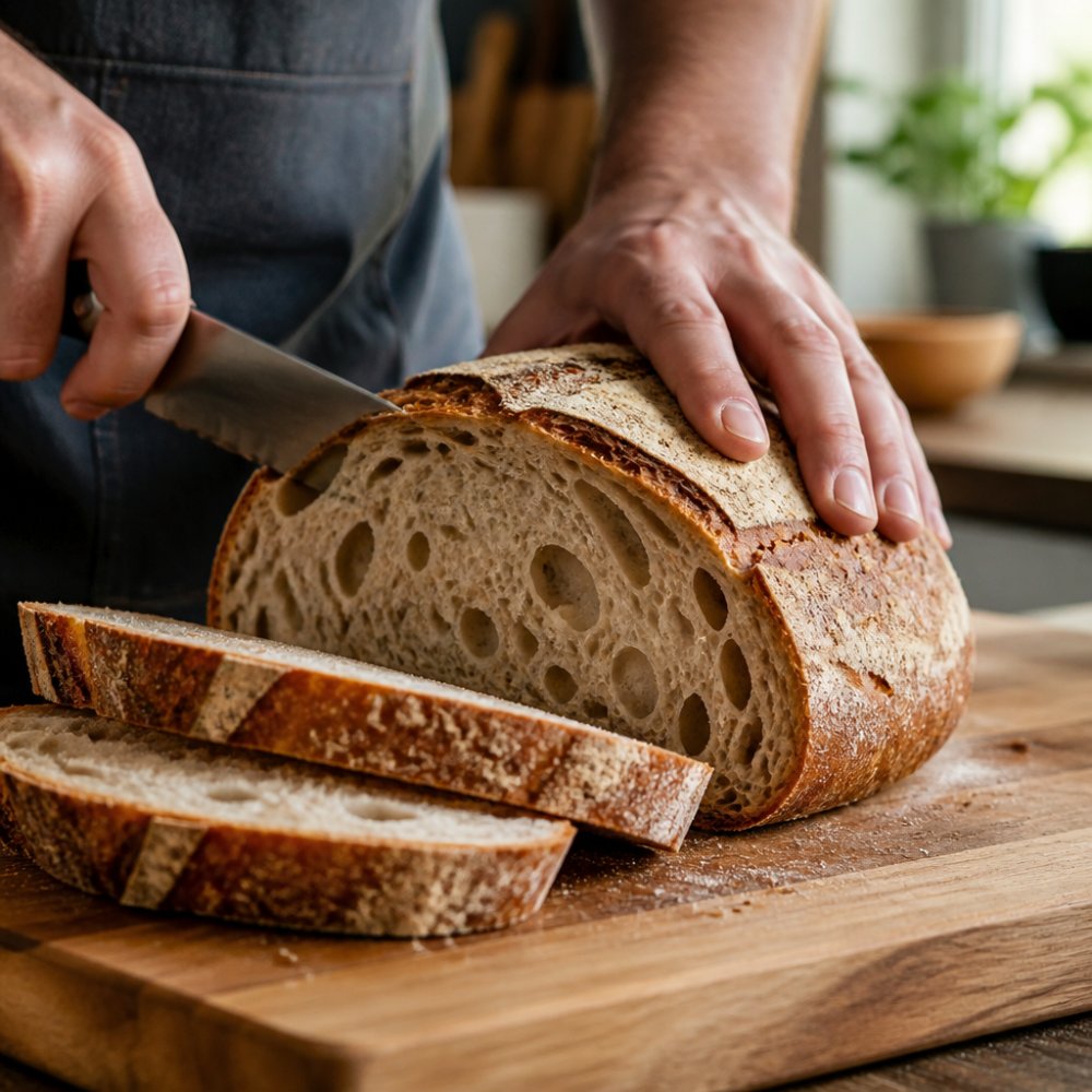 Close-up of hands slicing a rustic sourdough loaf on a wooden cutting board, showing an open, airy crumb with a crisp browned crust, warm kitchen light in the background