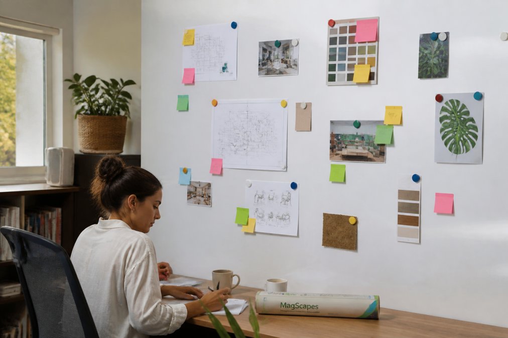 Professional working at home office desk with magnetic wallpaper wall behind them displaying project notes, printed materials, and documents held with magnets in an organised and productive workspace with natural office lighting