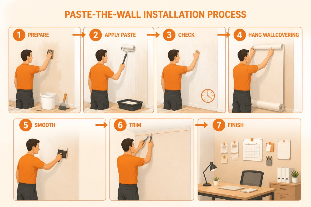 Decorator or professional installer applying magnetic wallcovering to a wall using paste-the-wall method, showing installation process in progress with tools and materials visible, proper lighting showing detail of application